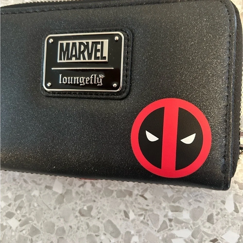 Loungefly Marvel Black Wallet with Red Deadpool Emblem